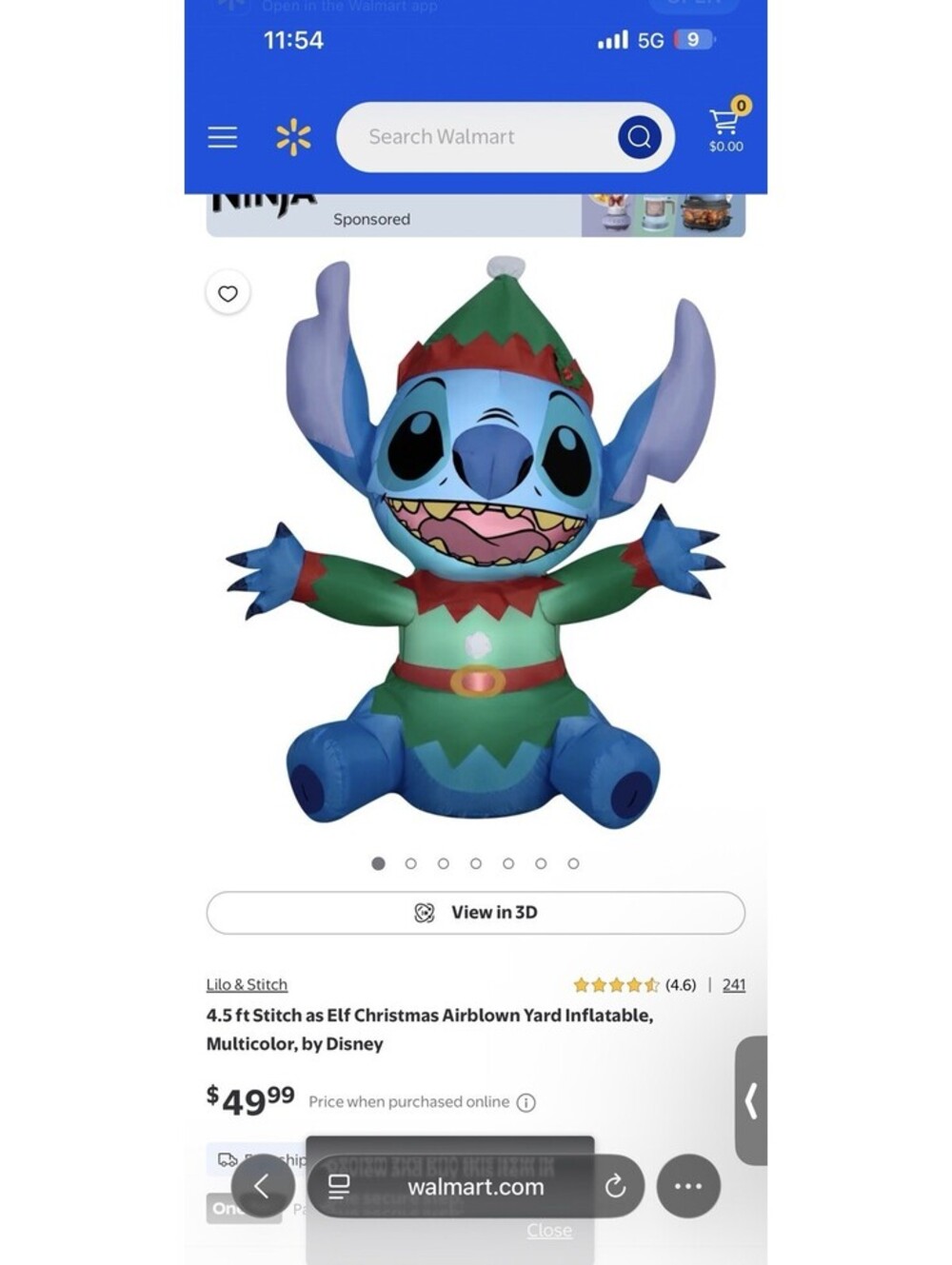 Lilo & Stitch - Elf Stitch Inflatable - Lighted - Gemmy - 4.5' Tall **NEW**